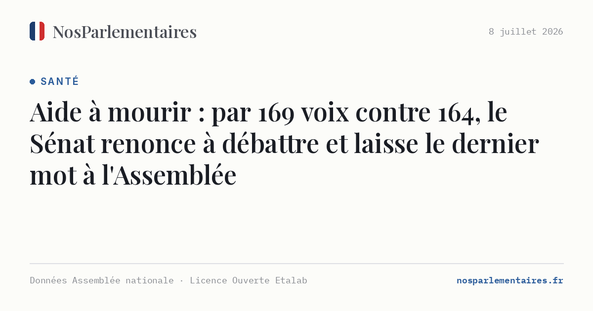 Aide à mourir : par 169 voix contre 164, le Sénat renonce à débattre et laisse le dernier mot à l'Assemblée