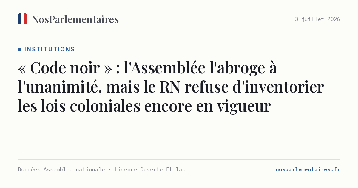 « Code noir » : l'Assemblée l'abroge à l'unanimité, mais le RN refuse d'inventorier les lois coloniales encore en vigueur