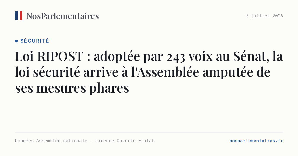 Loi RIPOST : adoptée par 243 voix au Sénat, la loi sécurité arrive à l'Assemblée amputée de ses mesures phares
