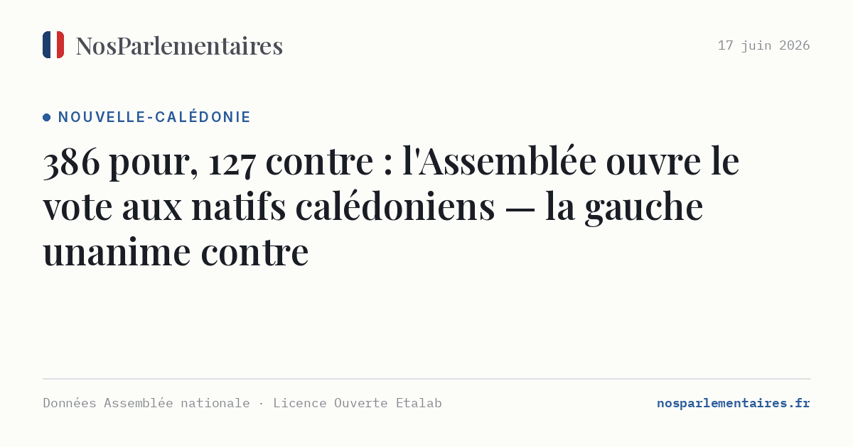 386 pour, 127 contre : l'Assemblée ouvre le vote aux natifs calédoniens — la gauche unanime contre