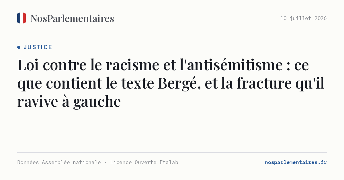 Loi contre le racisme et l'antisémitisme : ce que contient le texte Bergé, et la fracture qu'il ravive à gauche